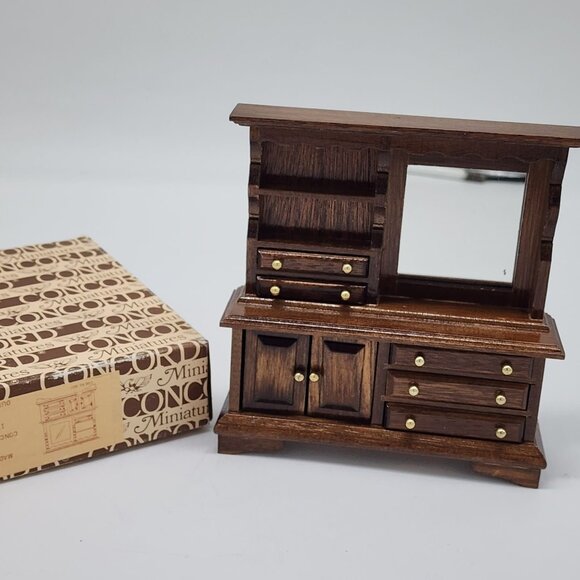 Vintage Concord Miniatures Wooden China Cabinet With Drawers & Mirror 1:1 Scale - Picture 1 of 10